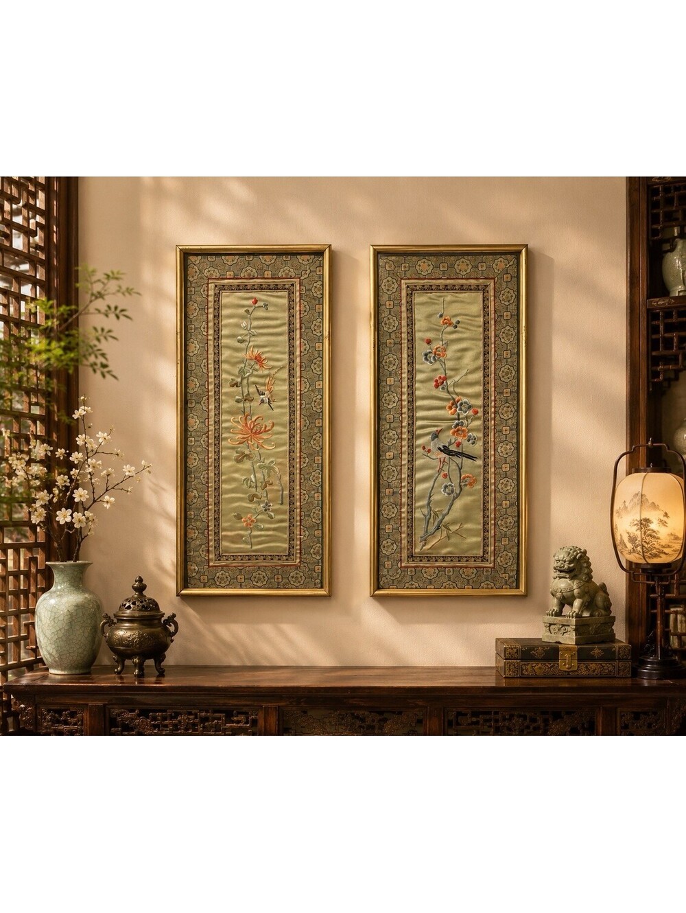 China Silk Embroidery 1950s 2 Framed Panels Magpie Plum Blossom, 10.5x24”